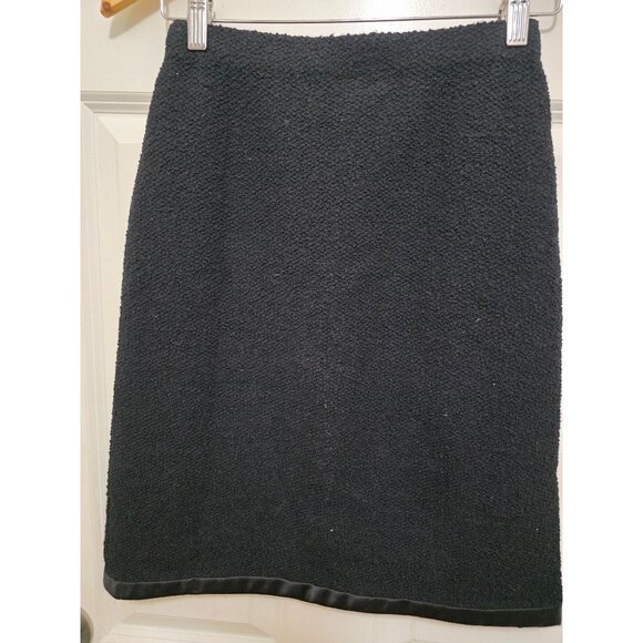 Vintage Adolfo New York Y2K 90s Black A Line 100% Wool Office Skirt With Satin T - Picture 3 of 7